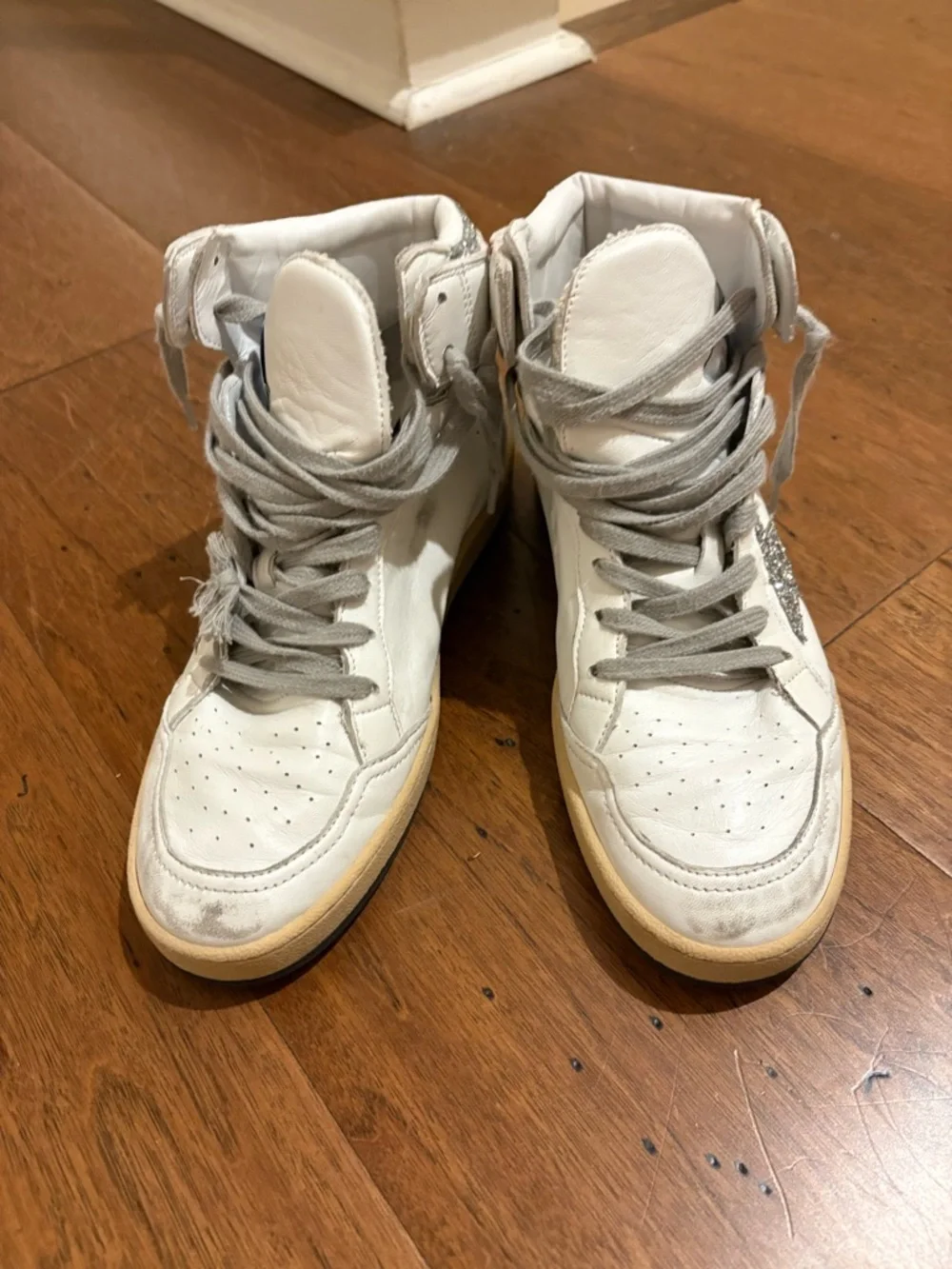 Golden Goose White High-Top Sneakers with Silver Glitter Star. Worn 2 times. - Picture 2 of 3